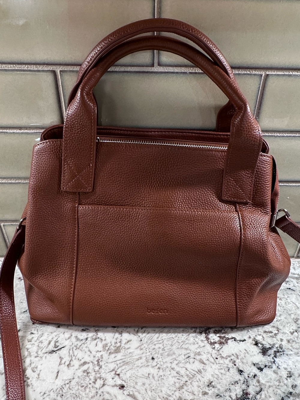 Befen Pebbled Leather Satchel Handbag in Chestnut Brown